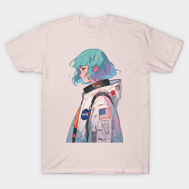 Nasa Blue Hair Astronaut Girl in Spacesuit Original Illustration T-Shirt by luna doodle shop